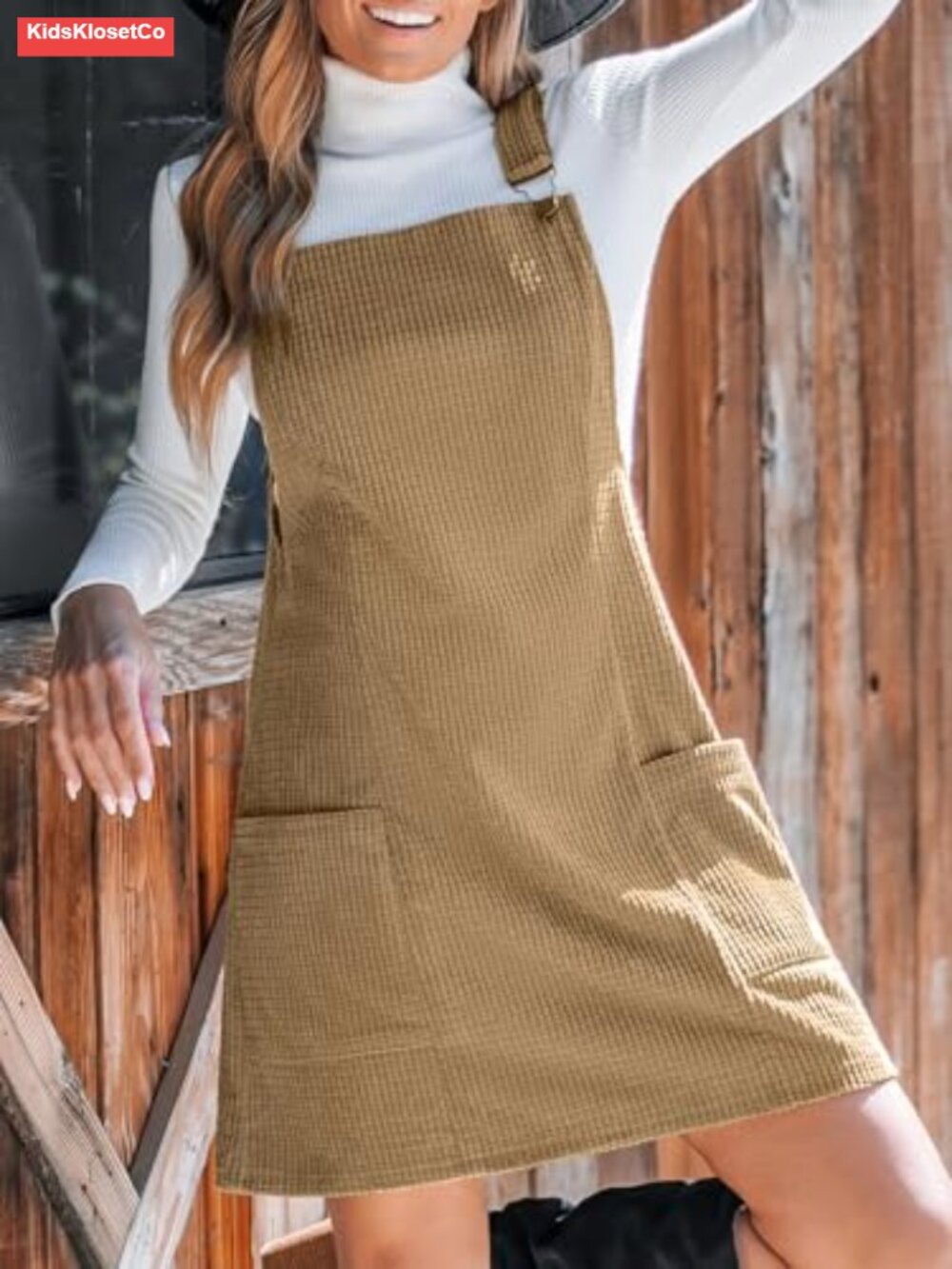 Women Corduroy Overall Dress Square Neck A Line Mini Pinafore with Pockets - Picture 5 of 6